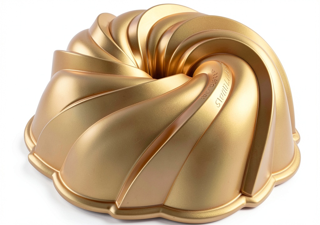 Nordic Ware gold bundt pan showcasing swirl design on a kitchen counter