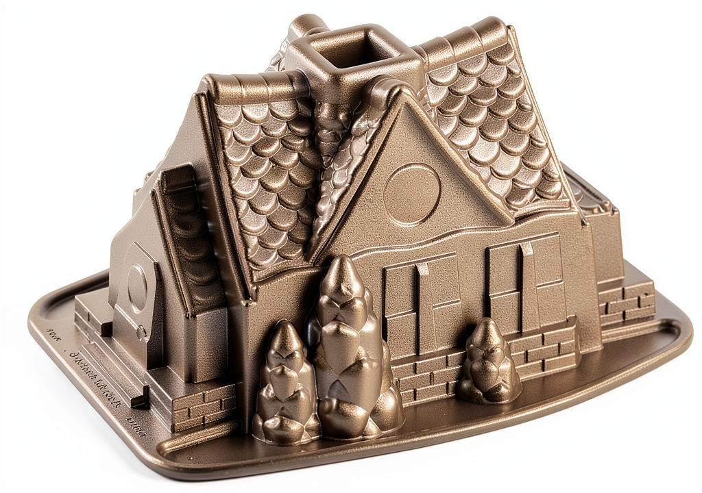 Nordic Ware Gingerbread House Bundt Pan displaying detailed design on a kitchen counter