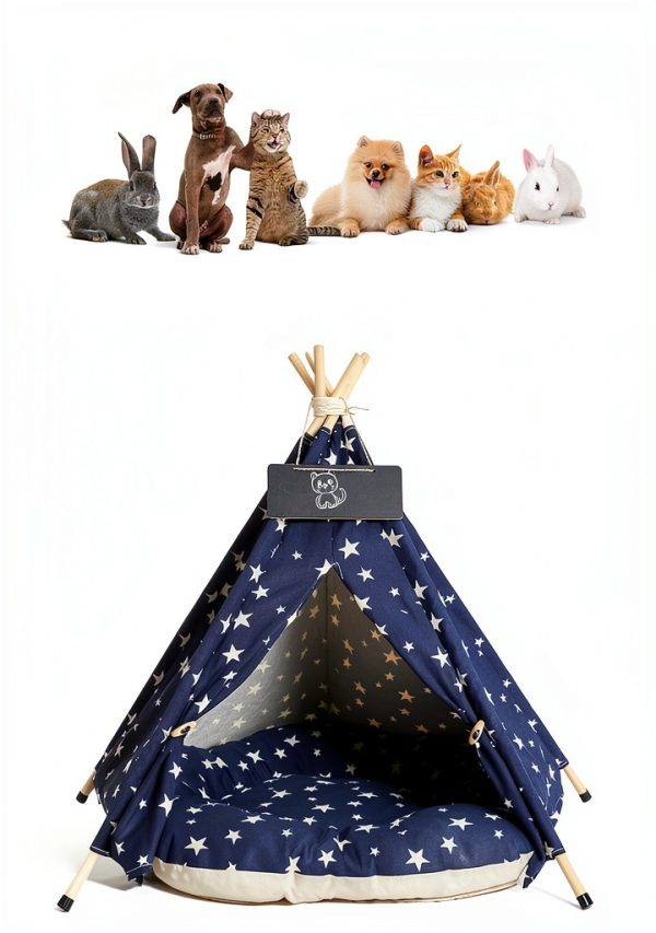 Nukied Pet Teepee Dog House Navy Blue Stars Canvas-3