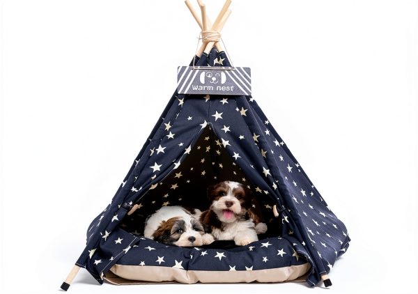 Nukied Pet Teepee Dog House Navy Blue Stars Canvas-0