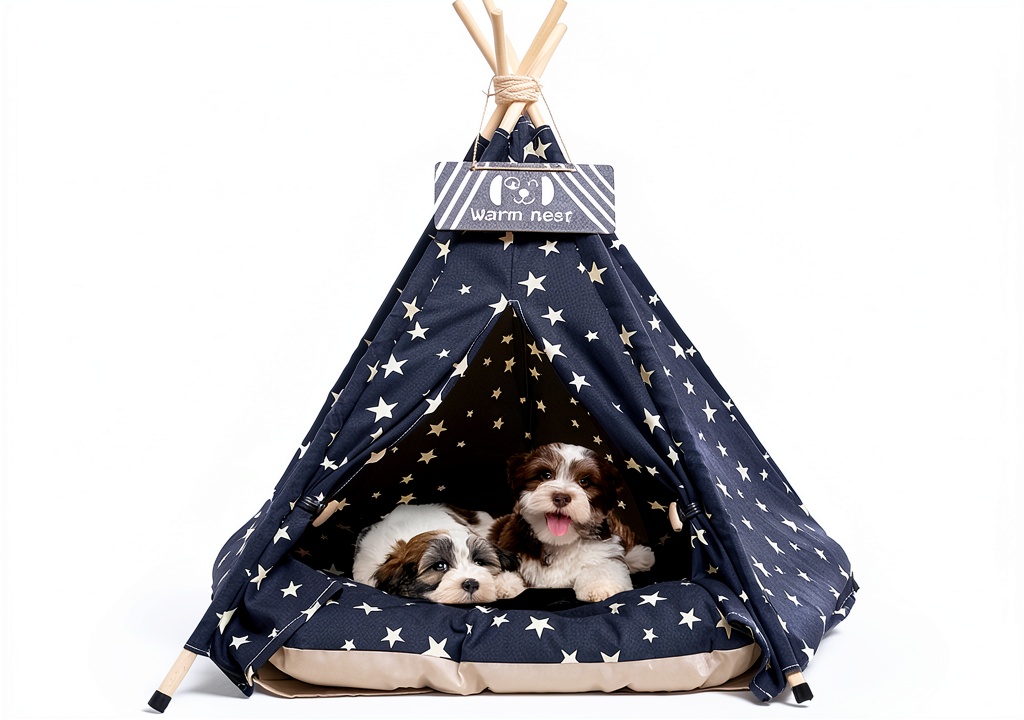 Small dog resting inside navy star pet teepee