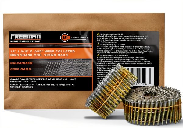 Freeman 15° 1-3/4" Wire Collated Electrogalvanized Ring Shank Coil Siding Nails – 3,600 Count – For Siding, Wall Sheathing, and Roofing-0
