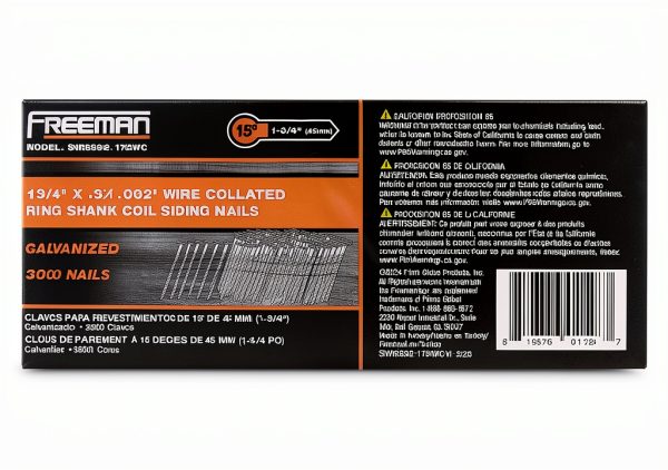 Freeman 15° 1-3/4" Wire Collated Electrogalvanized Ring Shank Coil Siding Nails – 3,600 Count – For Siding, Wall Sheathing, and Roofing-7
